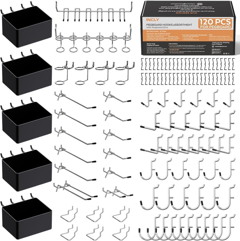 INCLY 120PCS Pegboard Accessories Organizer Kit, Peg Board Hooks Assortment with Bins for Organizing Various Tools, Fit 1/8 or 1/4 inch Pegboard for Hanging Storage, Garage Wall Attachments - Image 1